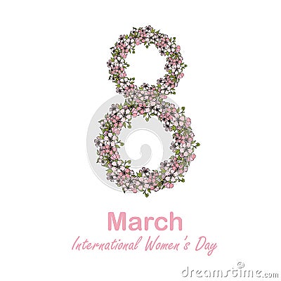 International Women`s Day typography banner, 8 flowers sakura wreath. Art design stock vector illustration Vector Illustration
